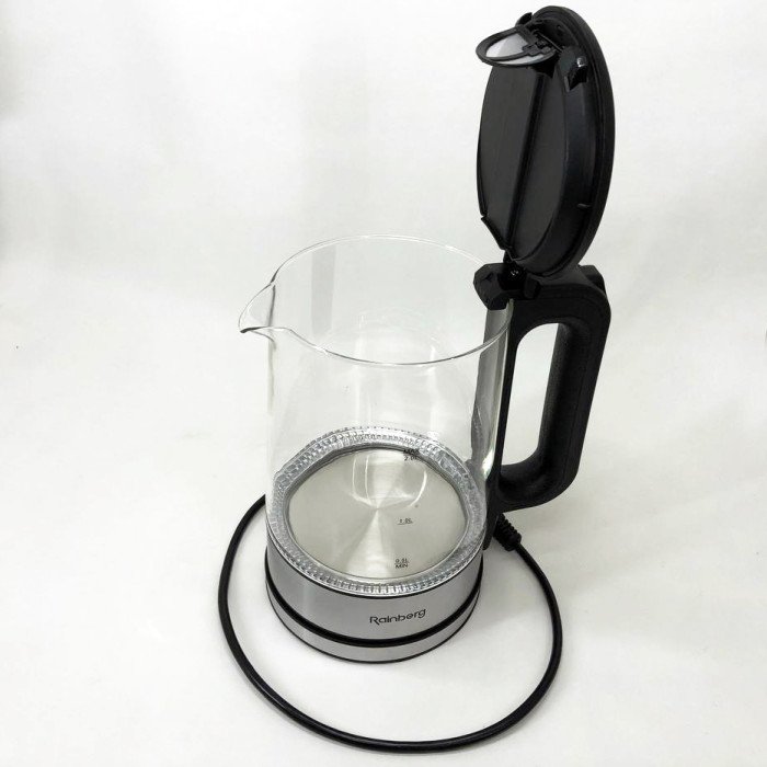Дисковий електричний чайник Rainberg RB-709 скляний із підсвічуванням, безшумний чайник. Колір: чорний