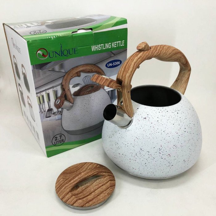 Чайник Unique зі свистком UN-5306 2,7л мармур, чайник для газової плитки, чайник на плиту. Колір: білий