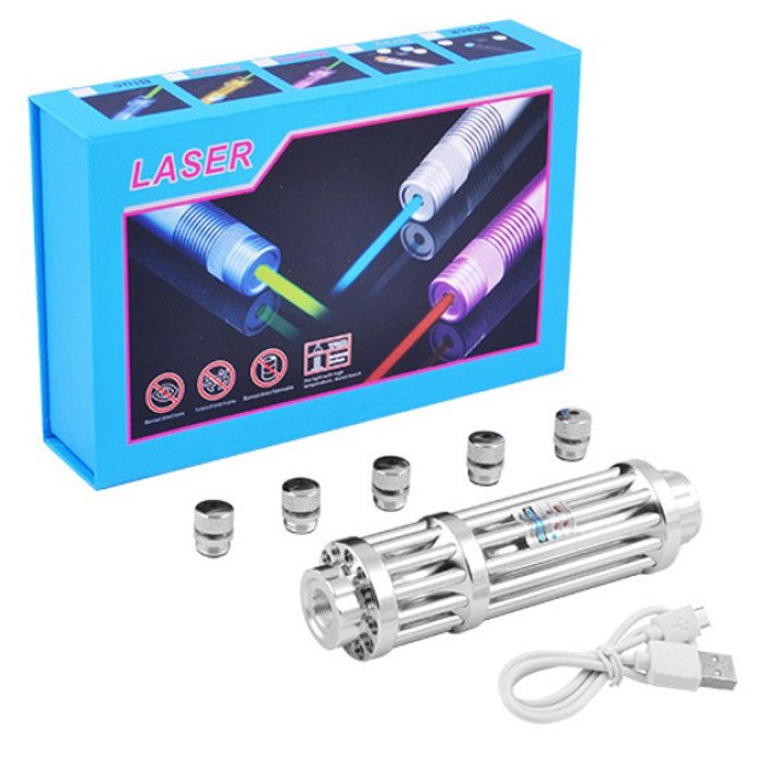 Потужна лазерна указка YX-B017, синій промінь, 5 насадок, акумулятор 2х16340, надпотужна лазерна указка