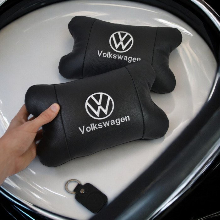 Набір подушок 2шт в авто Volkswagen з натуральної шкіри, на підголовник у машину, Автомобільна  подушка