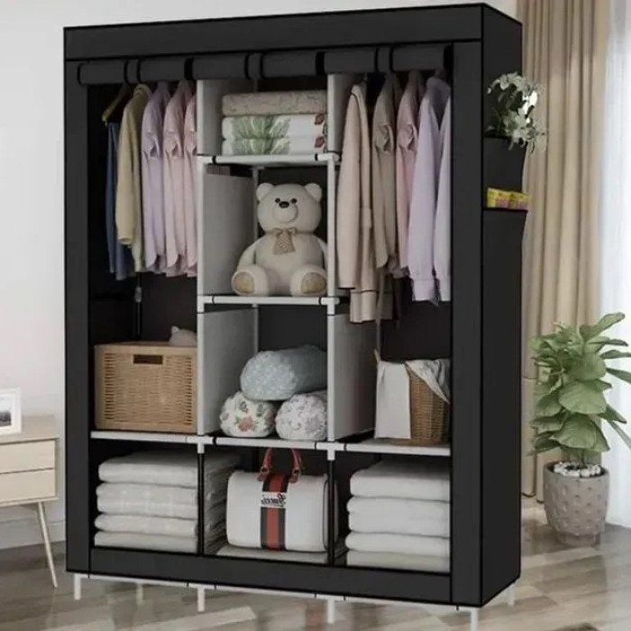 Шафа тканинна 3 секції складана з каркасом STORAGE WARDROBE 175 х 130 х 45 см. Колір: чорний