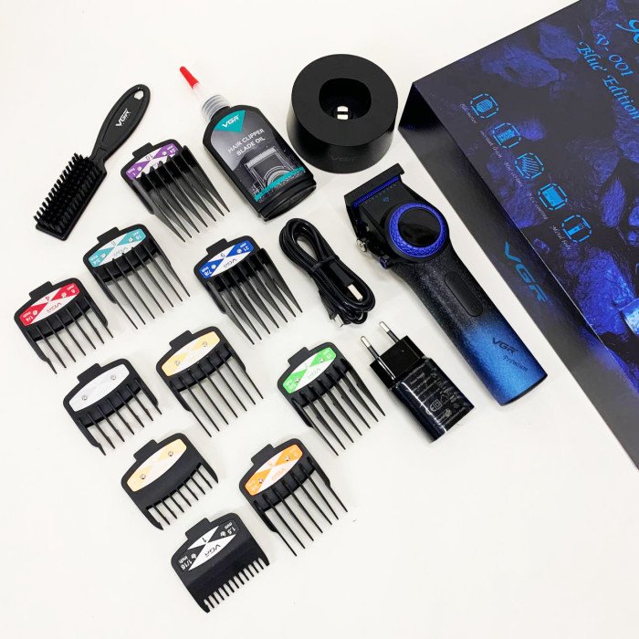 Професійна машинка для стрижки волосся VGR V-001 BLUE з дисплеєм 9000 об/хв та 10 насадками 1,5-24 мм