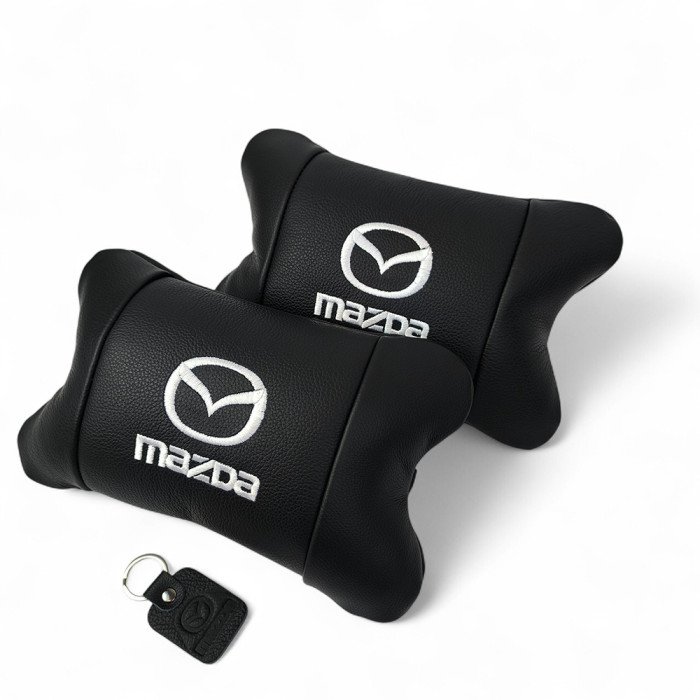 Набір шкіряних подушок Mazda з вишивкою логотипу + подарунок – шкіряний брелок