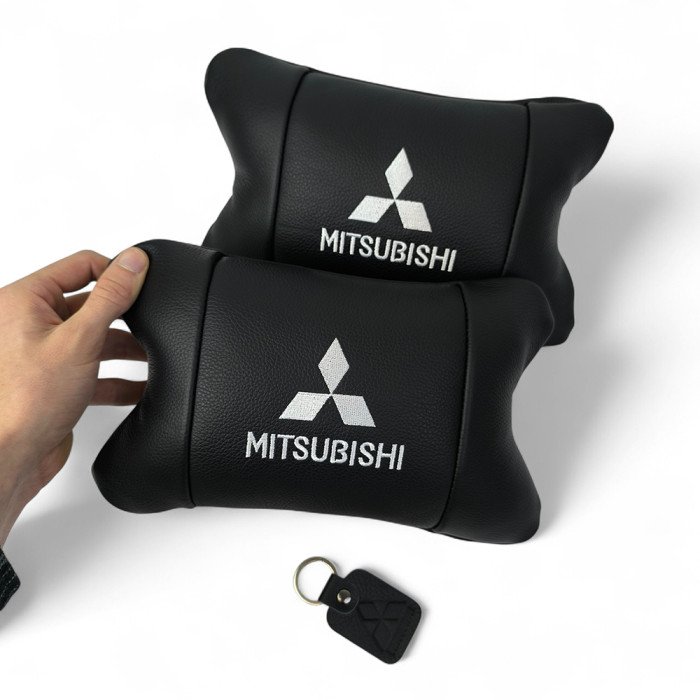 Подушки Mitsubishi з натуральної шкіри, Автоподушки на підголовник + шкіряний брелок з логотипом