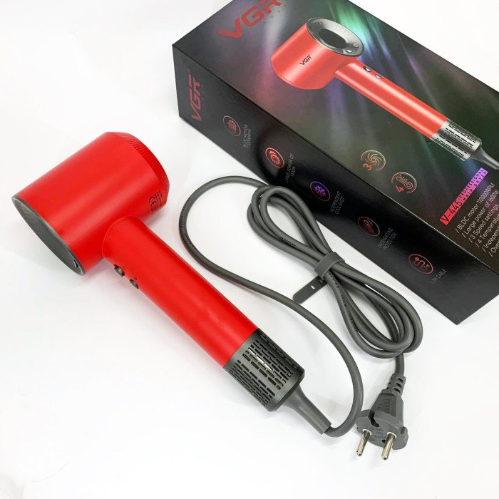 Фен професійний VGR V-445 RED, 3 рівні обдування, 4 рівні температури, 1600 Вт