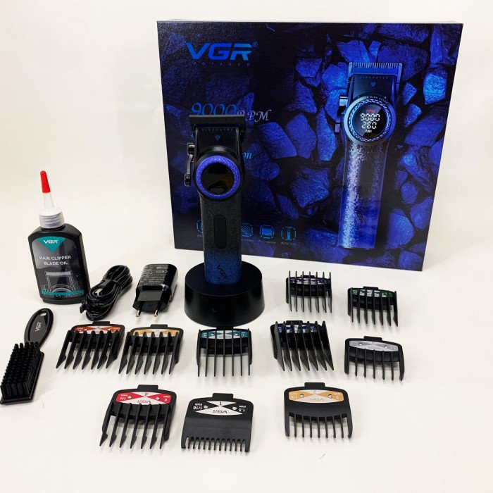 Професійна машинка для стрижки волосся VGR V-001 BLUE з дисплеєм 9000 об/хв та 10 насадками 1,5-24 мм