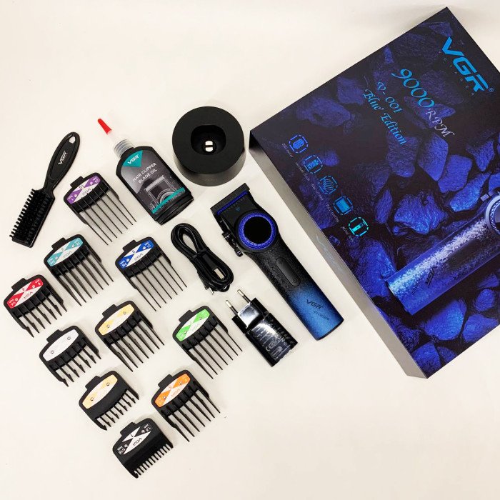 Професійна машинка для стрижки волосся VGR V-001 BLUE з дисплеєм 9000 об/хв та 10 насадками 1,5-24 мм