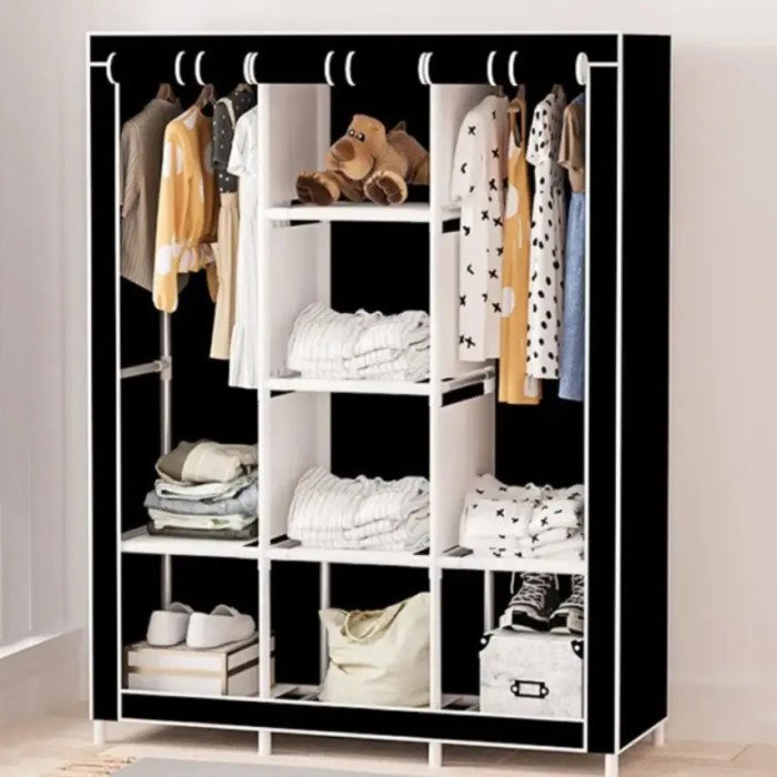 Шафа тканинна 3 секції складана з каркасом STORAGE WARDROBE 175 х 130 х 45 см. Колір: чорний