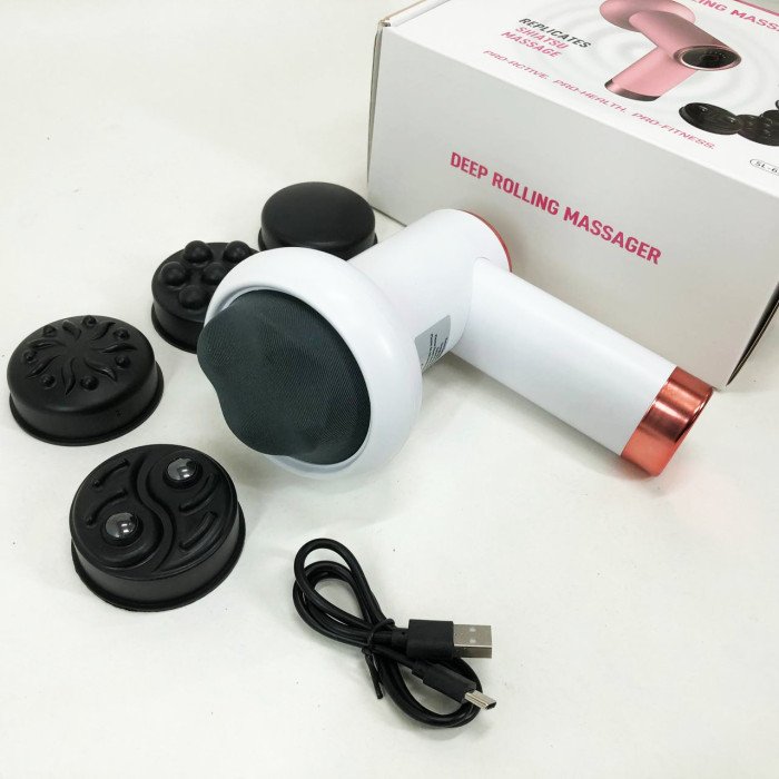 Масажер антицелюлітний для тіла рук та ніг 4 насадки 6 швидкостей Deep Rolling Massager. Колір: білий