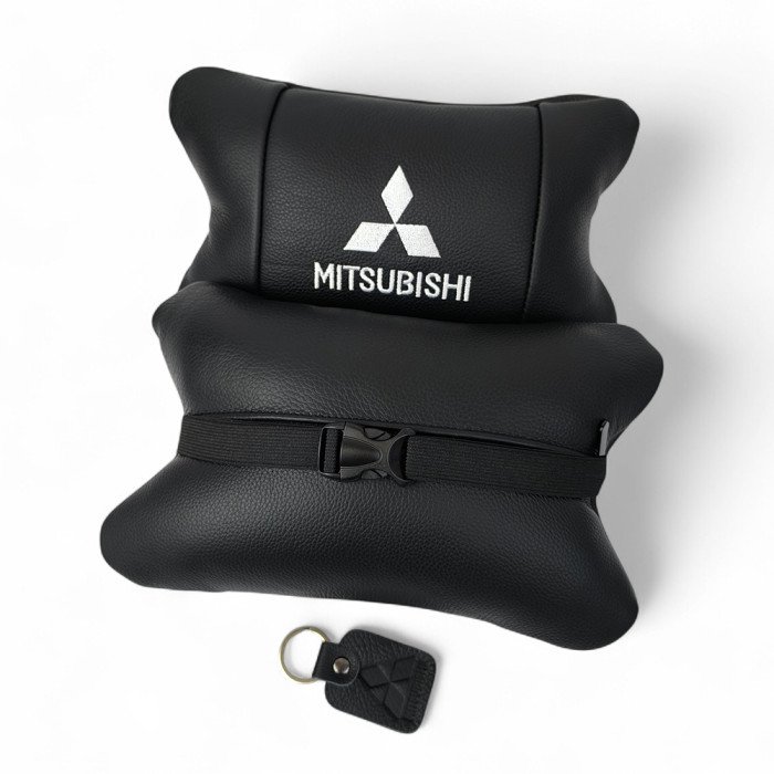 Подушки Mitsubishi з натуральної шкіри, Автоподушки на підголовник + шкіряний брелок з логотипом
