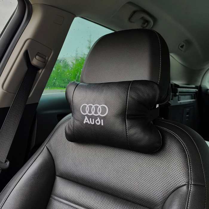 Набір автодушки 2шт на підголовник Audi / Ауді з натуральної шкіри чорна / Підголовник в машину
