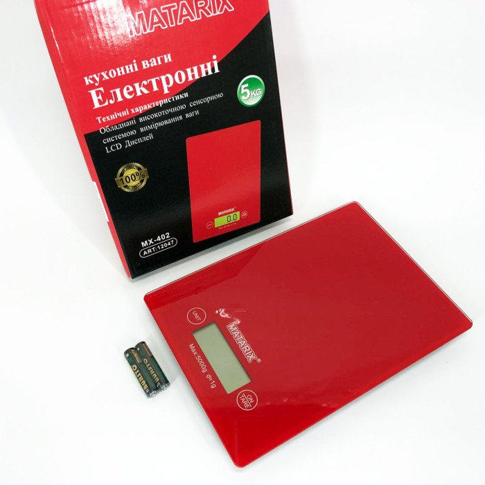 Ваги кухонні MATARIX MX-402 5 кг з дисплеєм, Ваги кухонні для продуктів домашні. Колір: червоний