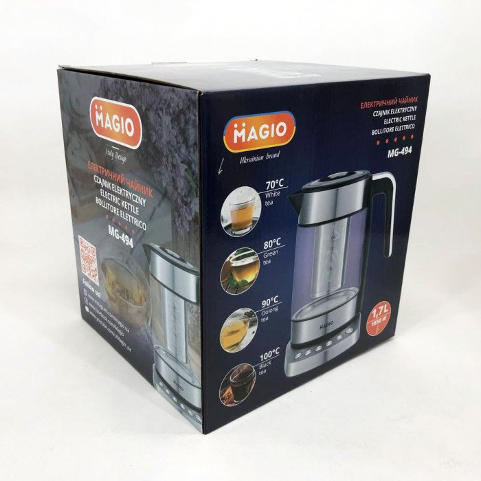 Електрочайник MAGIO MG-494, чайник прозорий з підсвічуванням, чайник дисковий, електрочайник з підсвічуванням