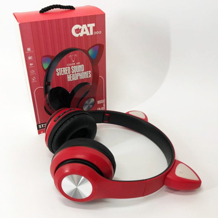Навушники накладні бездротові ST37M зі котячими вушками, що світяться. Колір: червоний