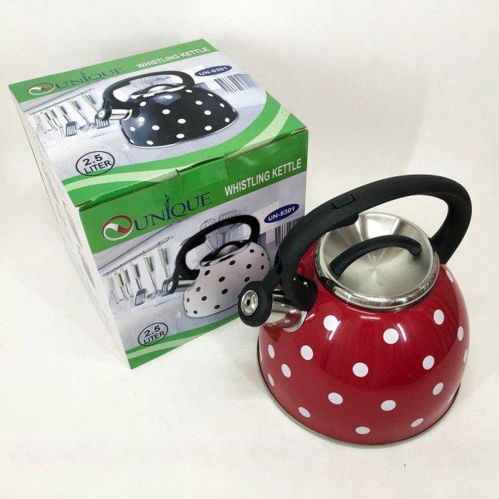 Чайник із свистком для газової плити Unique UN-5301 2,5л горошок, гарний чайник для плити. Колір: червоний