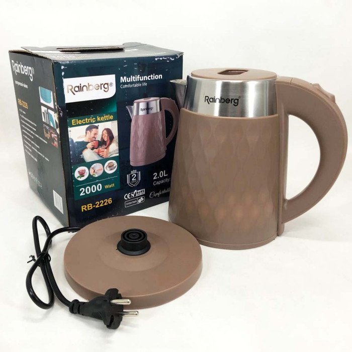 Чайник електричний Rainberg RB-2226BR із нержавіючої сталі 2000Вт 2л, маленький. Колір: коричневий