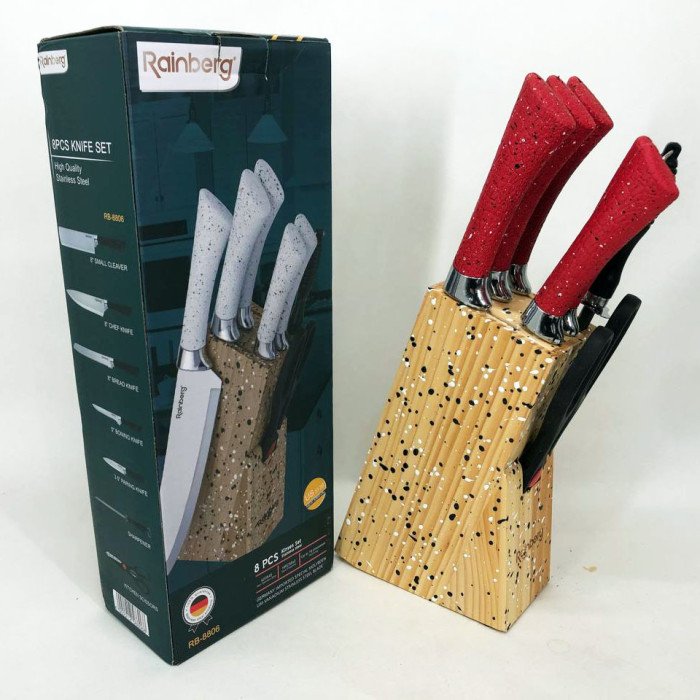 Набір ножів Rainberg RB-8806 на 8 предметів з ножицями та підставкою з нержавіючої сталі. Колір: червоний