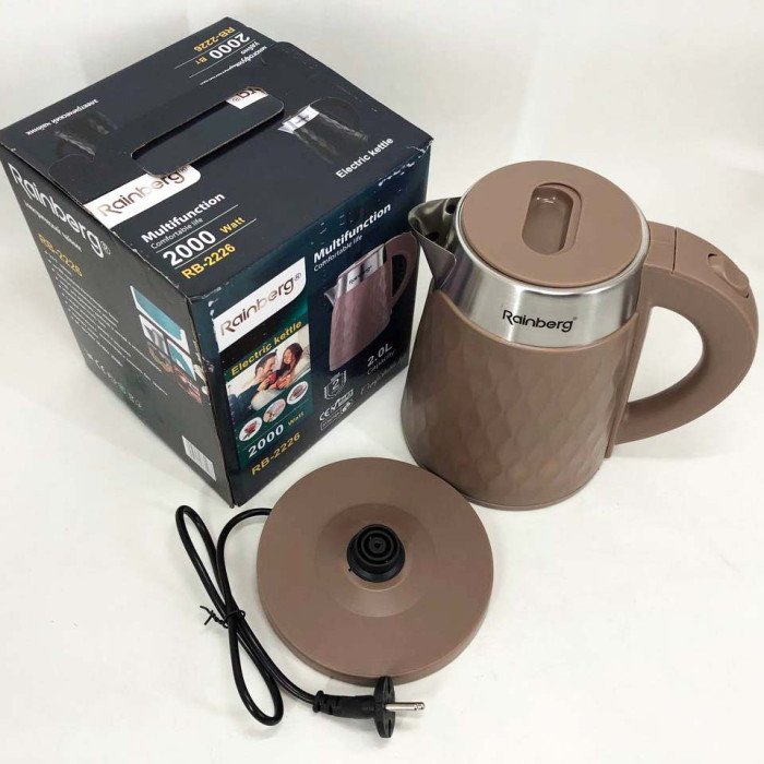 Чайник електричний Rainberg RB-2226BR із нержавіючої сталі 2000Вт 2л, маленький. Колір: коричневий