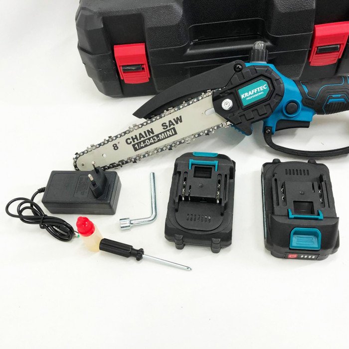Акумуляторна ланцюгова міні пила 20 см у кейсі Krafftec (36V 4 Ач) + 2 акумулятори та індикатором заряду