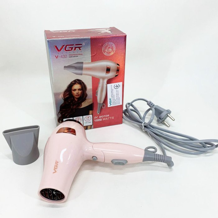 Фен для волосся дорожній VGR V-432 PINK, з концентратором 1000 Вт, іонізація та 2 режими. Колір: рожевий