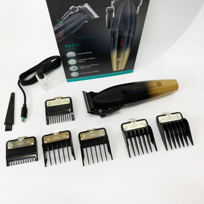 Машинка для стрижки волосся акумуляторна Professional Turbo з різними насадками VGR V-003. Колір: жовтий