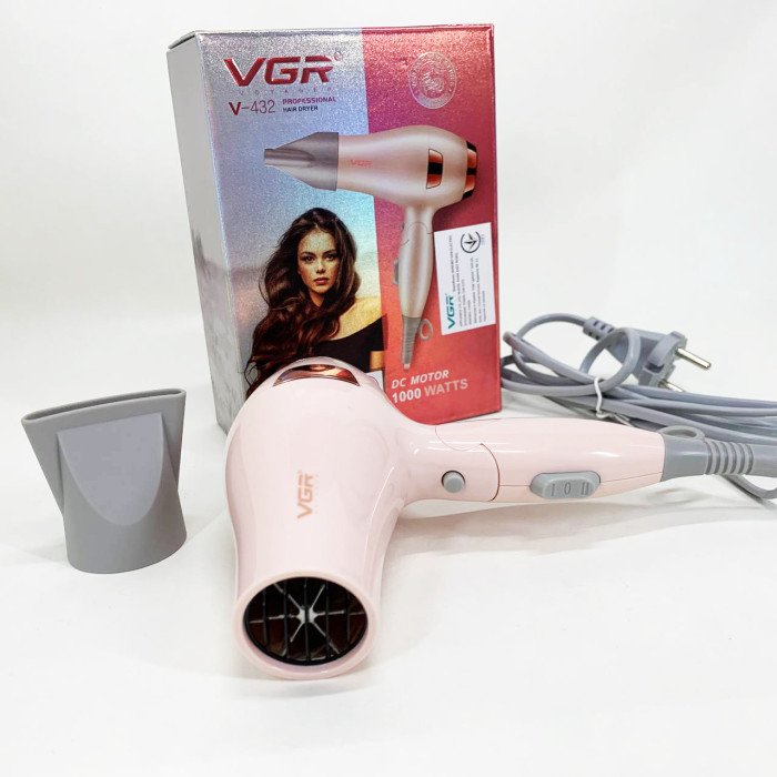Фен для волосся дорожній VGR V-432 PINK, з концентратором 1000 Вт, іонізація та 2 режими. Колір: рожевий