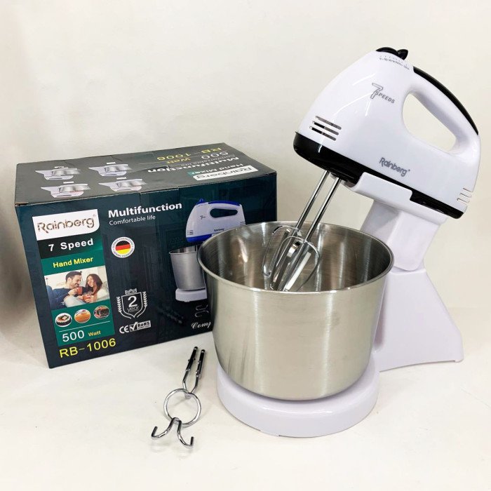 Стаціонарний електричний міксер із чашею Rainberg RB-1006 500W з насадками для замішування тіста Black