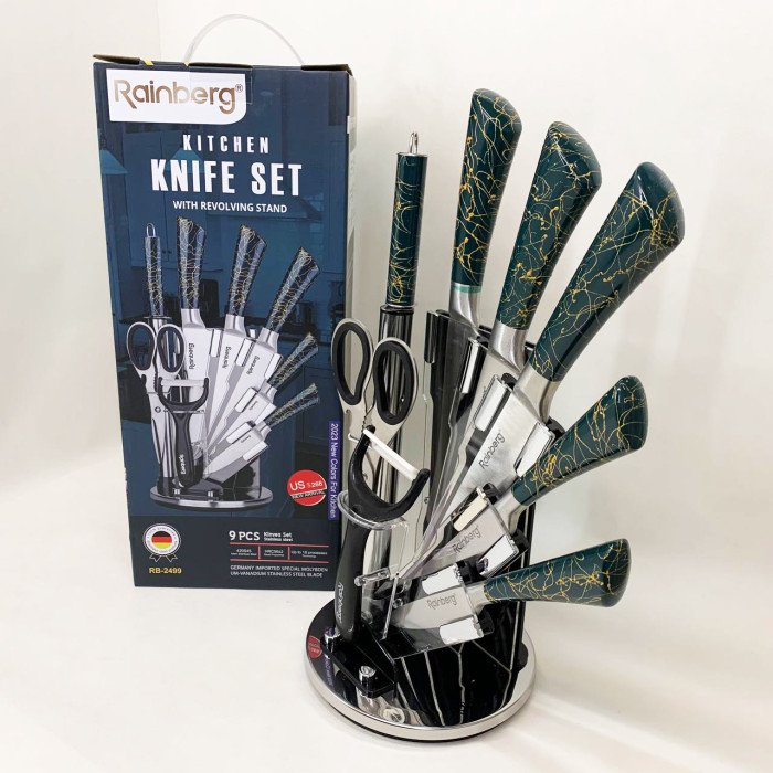 Набір кухонних ножів Rainberg RB-2499 8 предметів на підставці, що обертається Green