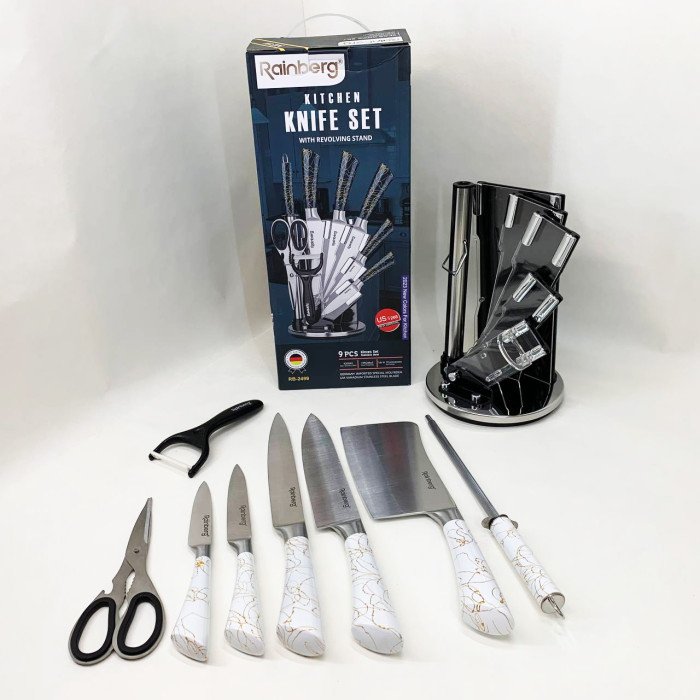 Набір кухонних ножів Rainberg RB-2499 8 предметів на підставці, що обертається White