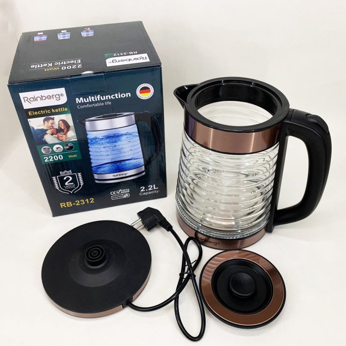 Електрочайник Rainberg RB-2312 скляний дисковий чайник 2.2л 2200Вт Brown