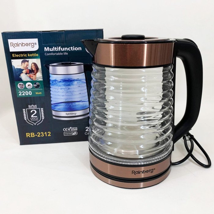 Електрочайник Rainberg RB-2312 скляний дисковий чайник 2.2л 2200Вт Brown