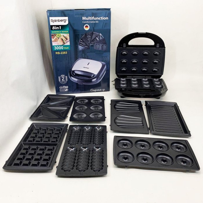 Електрична бутербродниця мультимейкер 8 в 1 Rainberg RB-2283 3000Вт із змінними насадками
