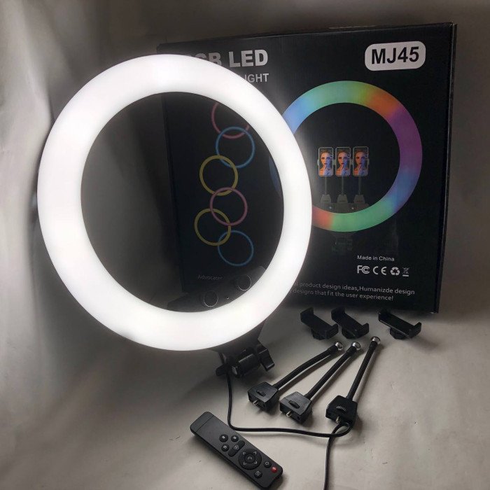 Кільцева LED лампа RGB MJ45 Ring 45 см комплектація адаптер із вбудованим кабелем, тримачі для телефону, пульт