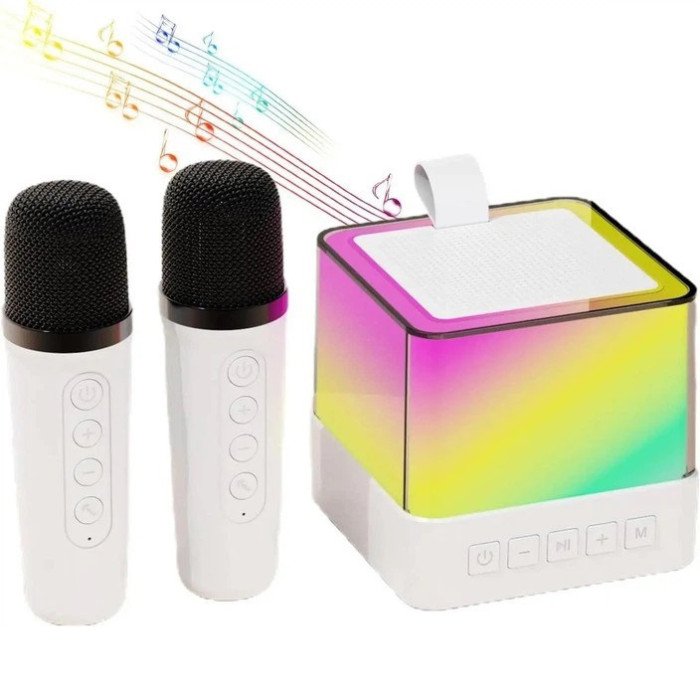 Портативна караоке система з двома мікрофонами Bluetooth акустична колонка для дому та вечірок White