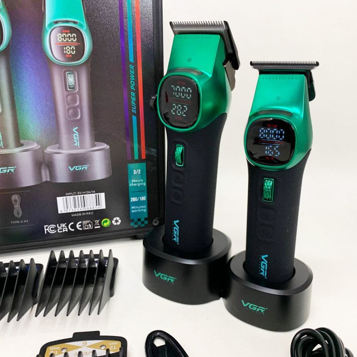 Комплект VGR 2 в 1 V-885 S2 GREEN, акумуляторна машинка для стрижки та триммер