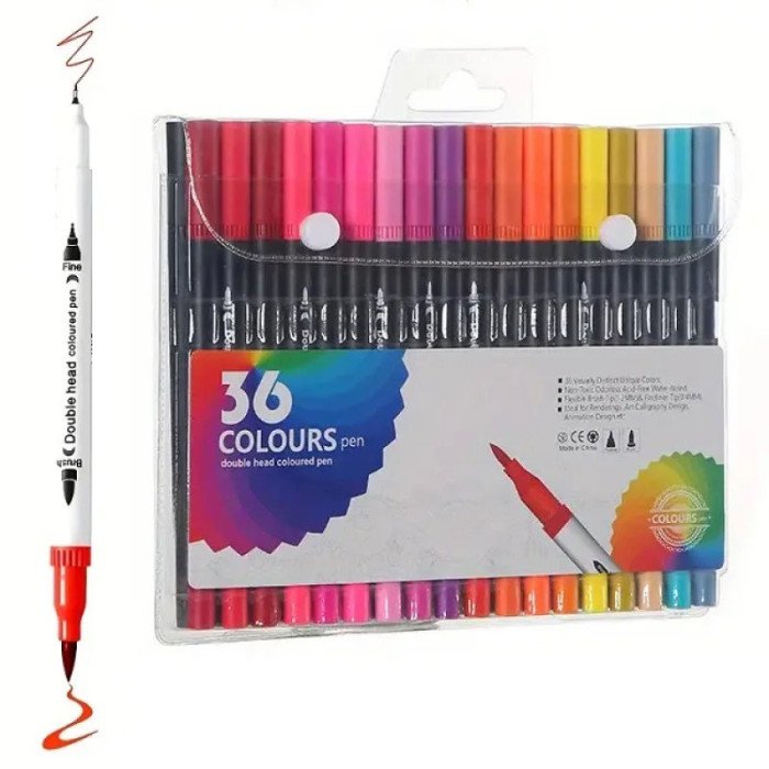 Професійний набір 36 шт двосторонніх маркерів лінер+пензель з м'якою головкою на водній основі