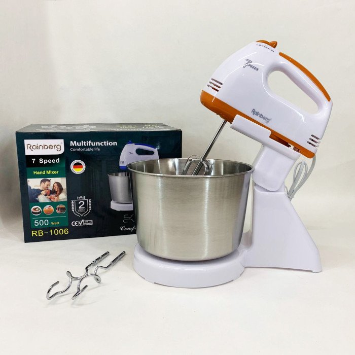Стаціонарний електричний міксер із чашею Rainberg RB-1006 500W з насадками для замішування тіста Orange