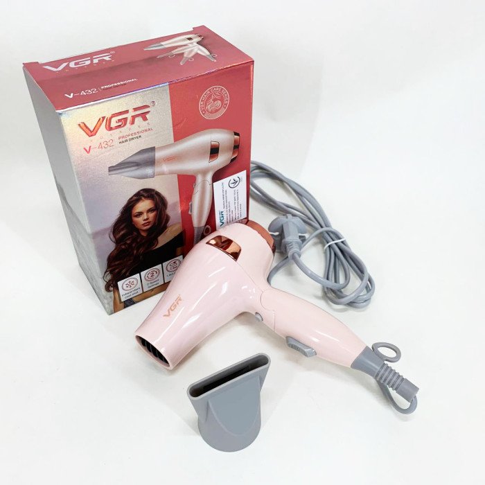 Фен для волосся дорожній VGR V-432 PINK, з концентратором 1000 Вт, іонізація та 2 режими. Колір: рожевий