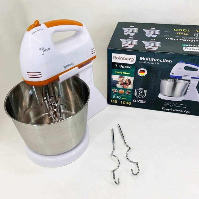 Стаціонарний електричний міксер із чашею Rainberg RB-1006 500W з насадками для замішування тіста Orange