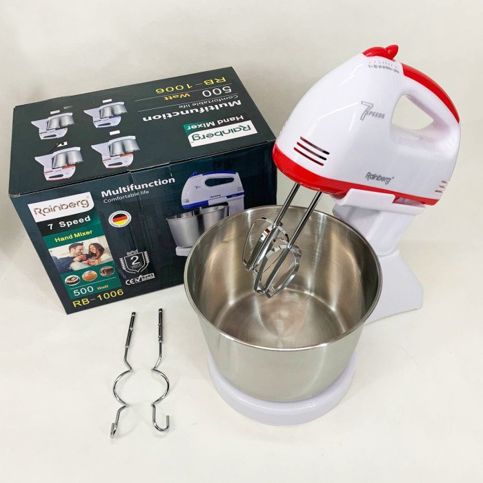 Стаціонарний електричний міксер із чашею Rainberg RB-1006 500W з насадками для замішування тіста Red