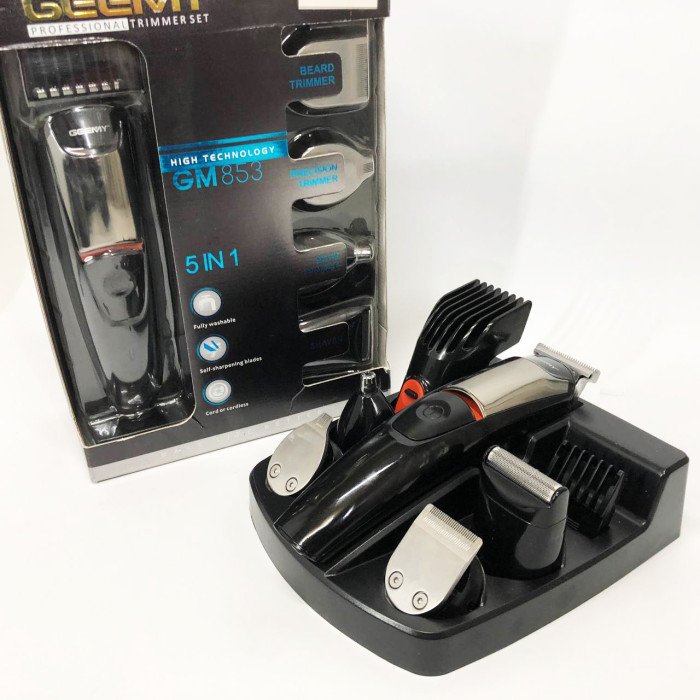 Машинка для стрижки 5в1 Geemy GM-853 стайлер, бритва, триммер на акумуляторі нержавіюча сталь 6 насадок