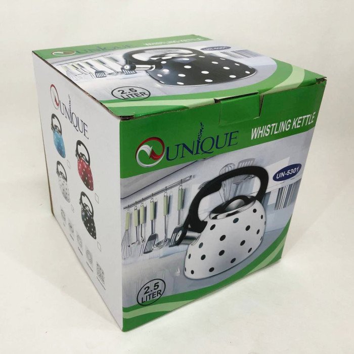 Чайник із свистком для газової плити Unique UN-5301 2.5л горошок, чайники для плит. Колір: білий