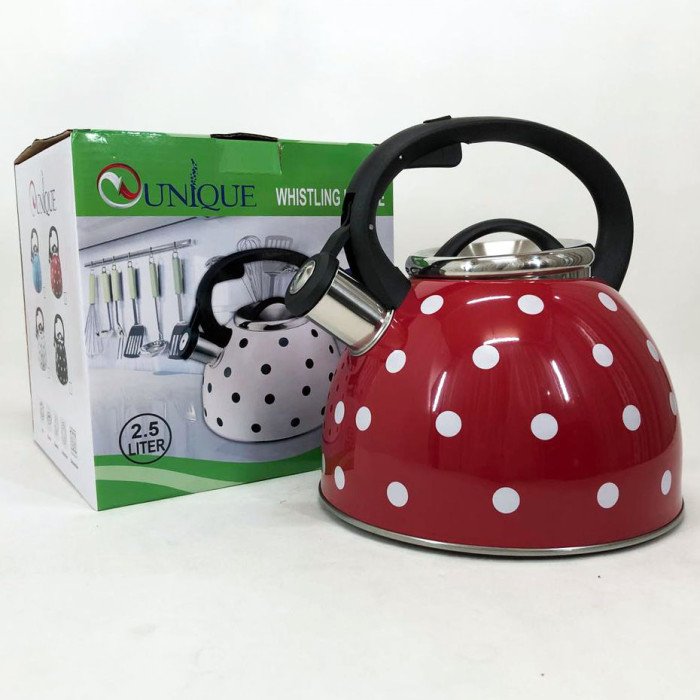 Чайник із свистком для газової плити Unique UN-5301 2,5л горошок, гарний чайник для плити. Колір: червоний