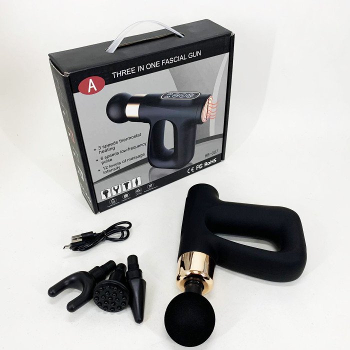 Ударний Перкусійний масажер для тіла та м'язів Масажний пістолет EM HB-007 акумуляторний чорний