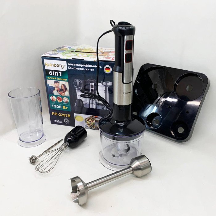 Багатофункціональний блендер 6в1 Rainberg RB-2293 1200 Вт кухонний подрібнювач ручний блендер міксер Black