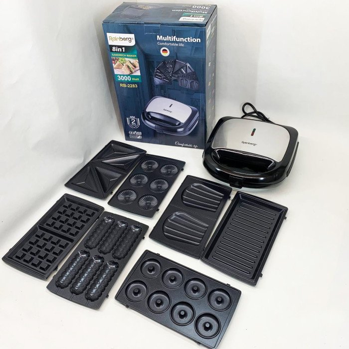 Електрична бутербродниця мультимейкер 8 в 1 Rainberg RB-2283 3000Вт із змінними насадками