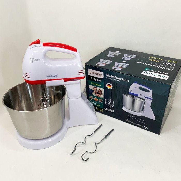 Стаціонарний електричний міксер із чашею Rainberg RB-1006 500W з насадками для замішування тіста Red