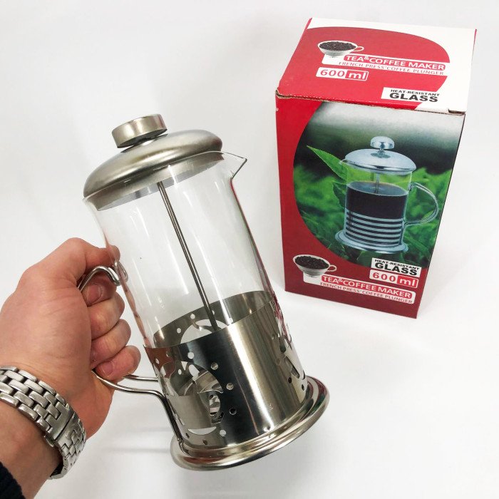 Френч-прес заварник металевий корпус UNIQUE UN-1152 600 мл, Скляний чайник для заварювання чаю