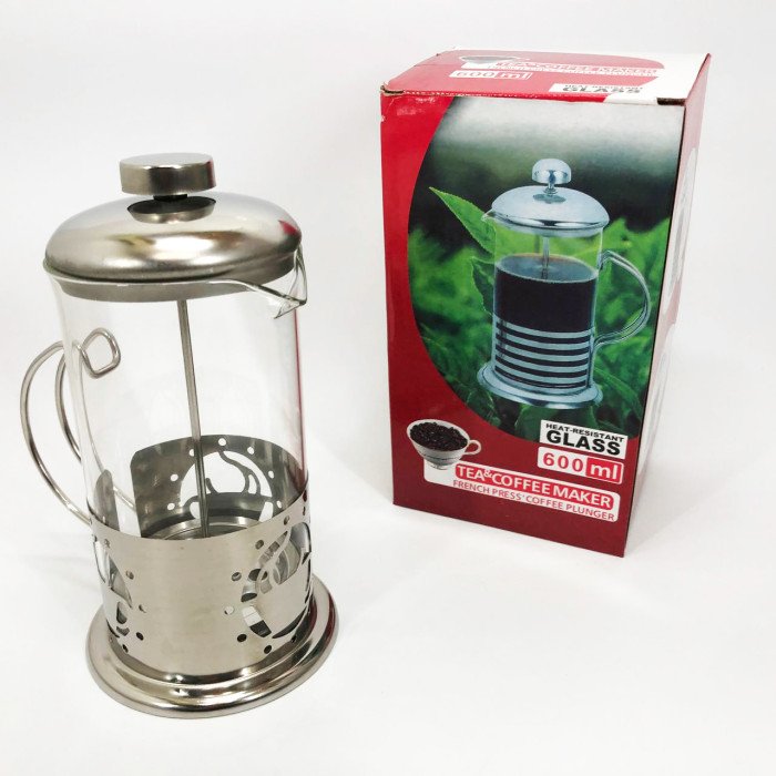 Френч-прес заварник металевий корпус UNIQUE UN-1152 600 мл, Скляний чайник для заварювання чаю
