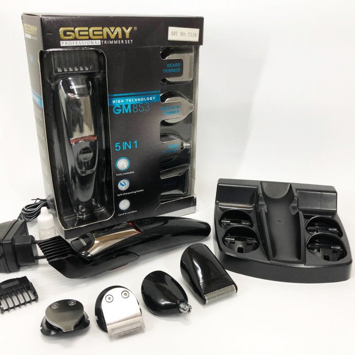 Машинка для стрижки 5в1 Geemy GM-853 стайлер, бритва, триммер на акумуляторі нержавіюча сталь 6 насадок